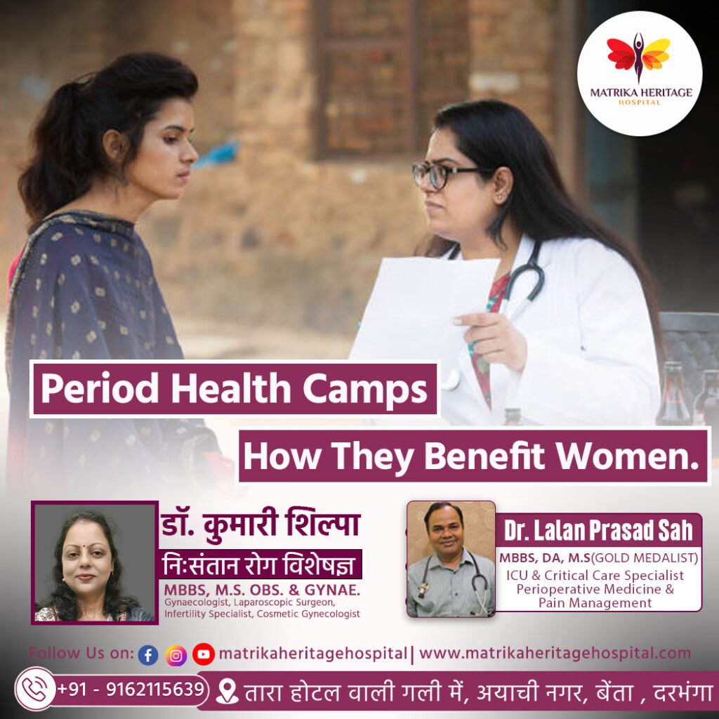 Women attending a free period health camp in Darbhanga, learning about menstrual hygiene and receiving checkups.