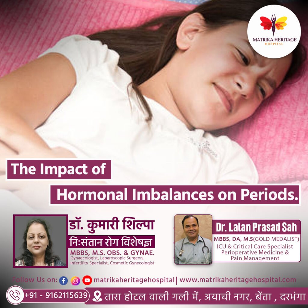 A young Indian girl holding her stomach in discomfort, symbolizing period pain and hormonal imbalance. Background includes a calendar showing missed periods and medical icons.