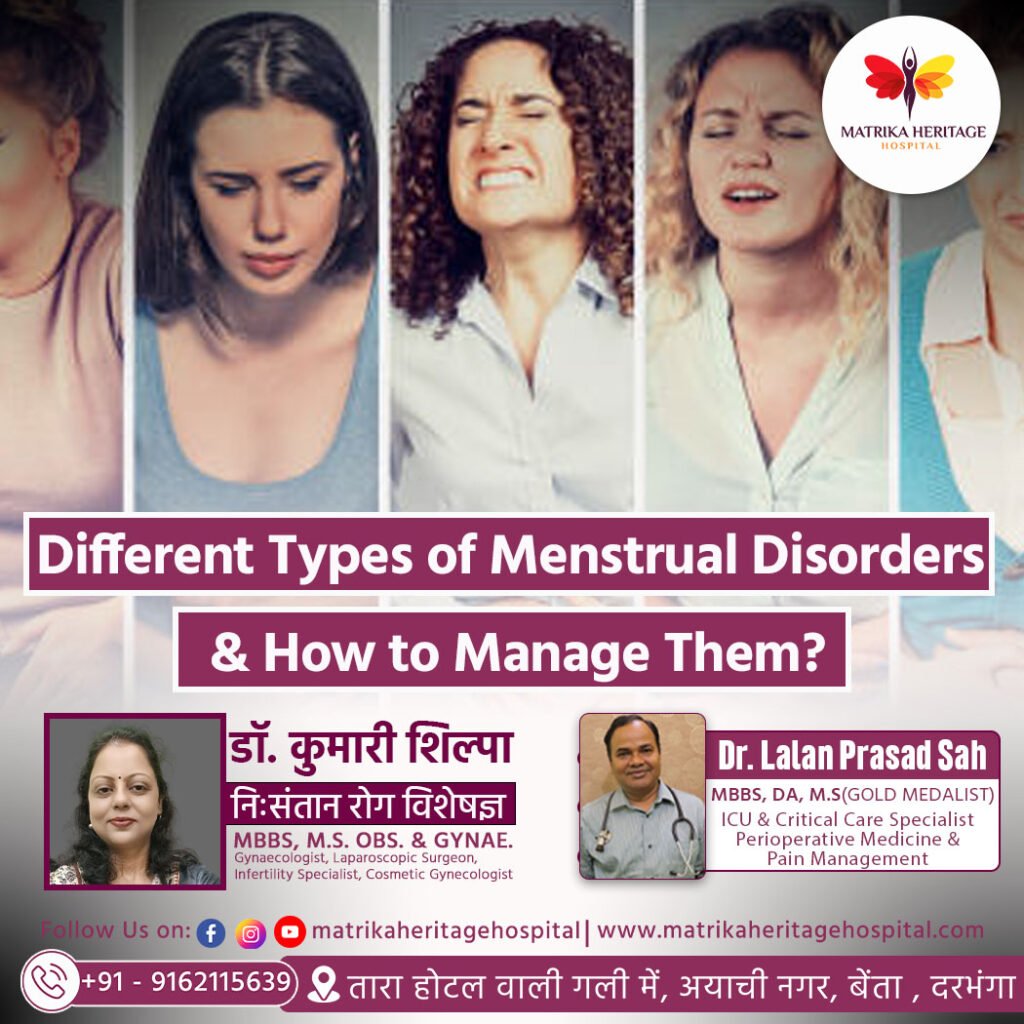 A woman holding her lower abdomen, symbolizing menstrual discomfort, with icons showing types of menstrual disorders.