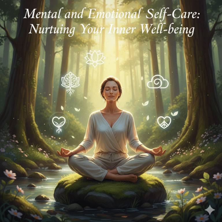 A peaceful woman practicing meditation in a lush green forest with floating icons of a brain, heart, and lotus, symbolizing mental